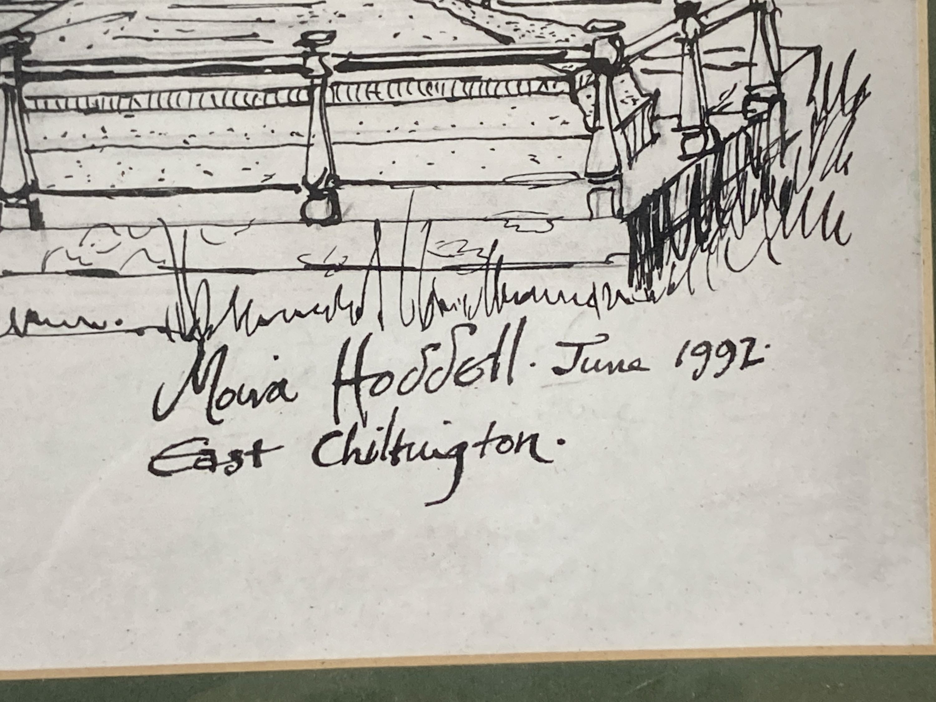 Moria Hoddell, pen and ink, East Chiltington church, signed, 41 x 58cm.